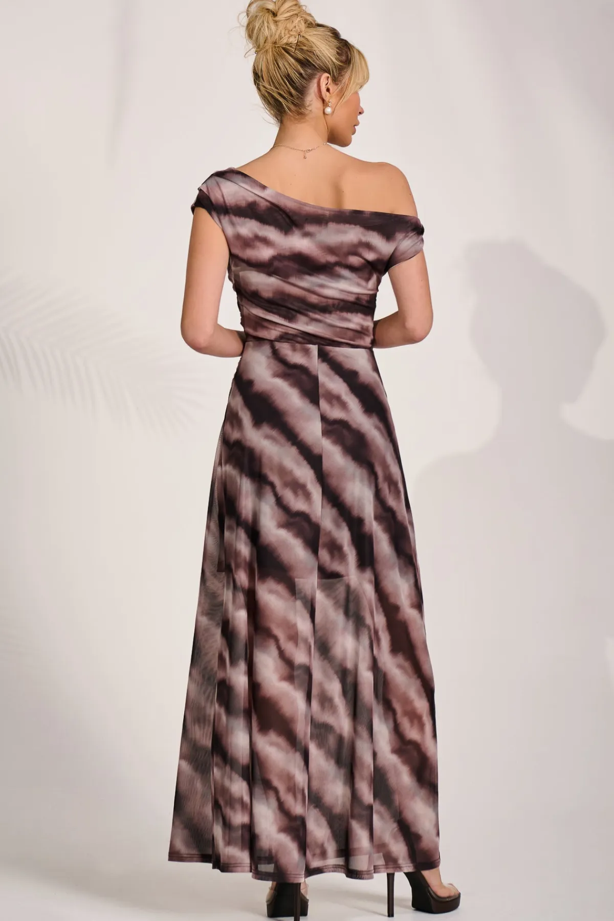 Jolie Moi Occasion Dresses|Mesh Dresses-Mesh Asymmetrical Off-Shoulder Maxi Dress, Black Abstract