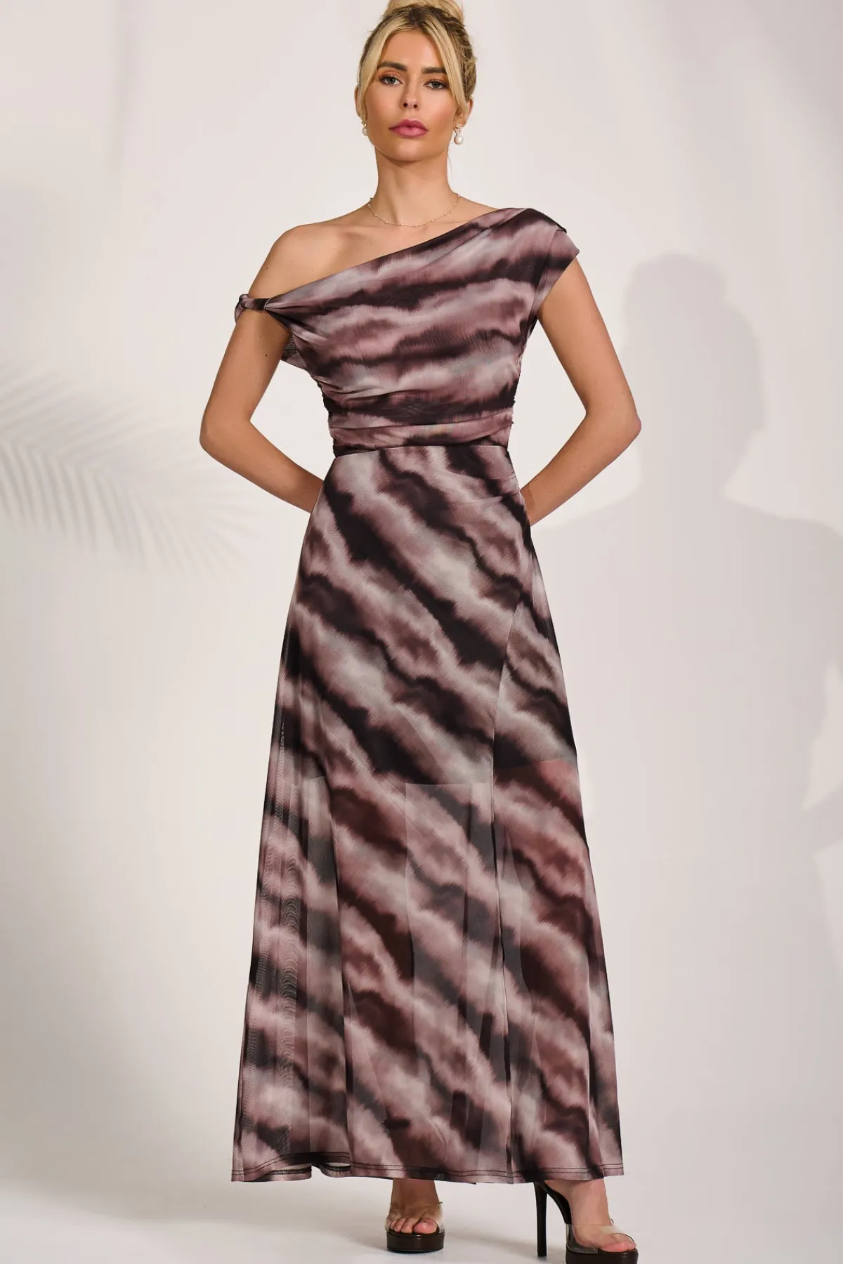 Jolie Moi Occasion Dresses|Mesh Dresses-Mesh Asymmetrical Off-Shoulder Maxi Dress, Black Abstract
