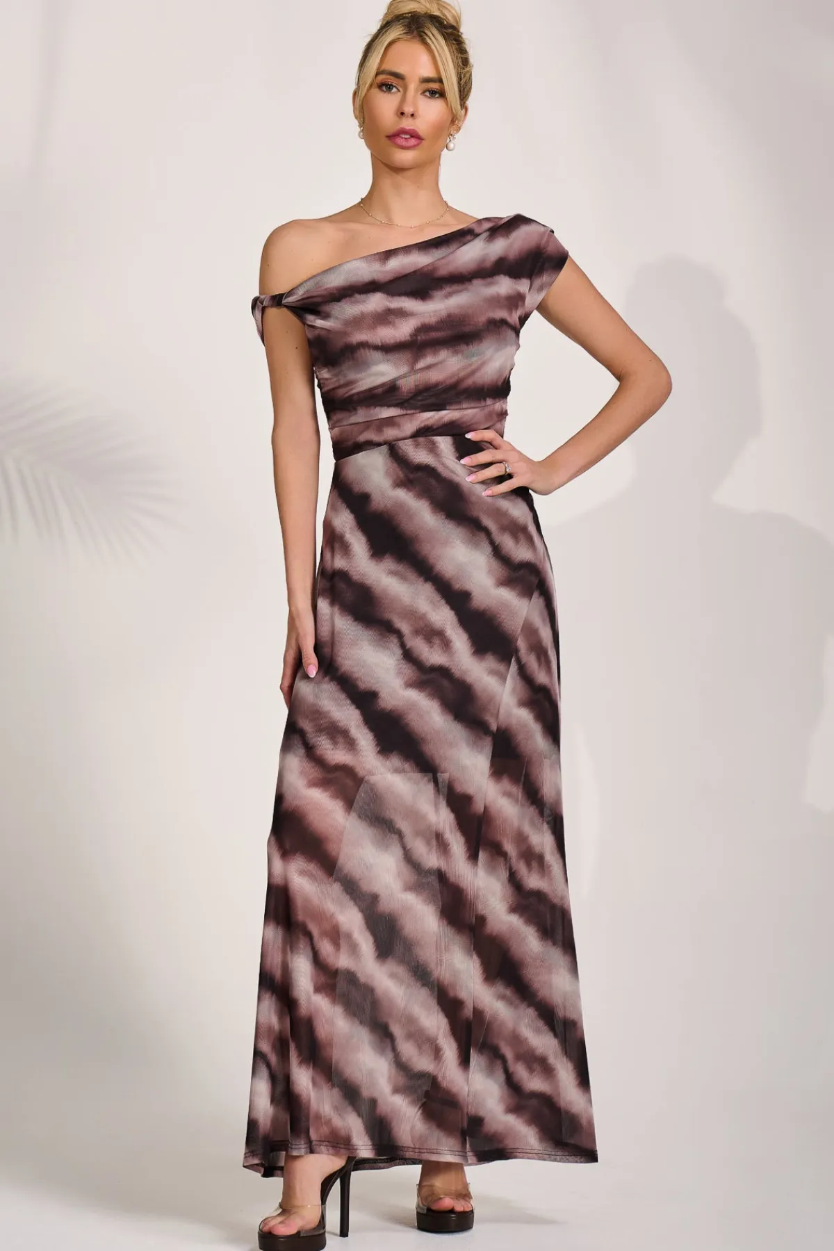 Jolie Moi Occasion Dresses|Mesh Dresses-Mesh Asymmetrical Off-Shoulder Maxi Dress, Black Abstract