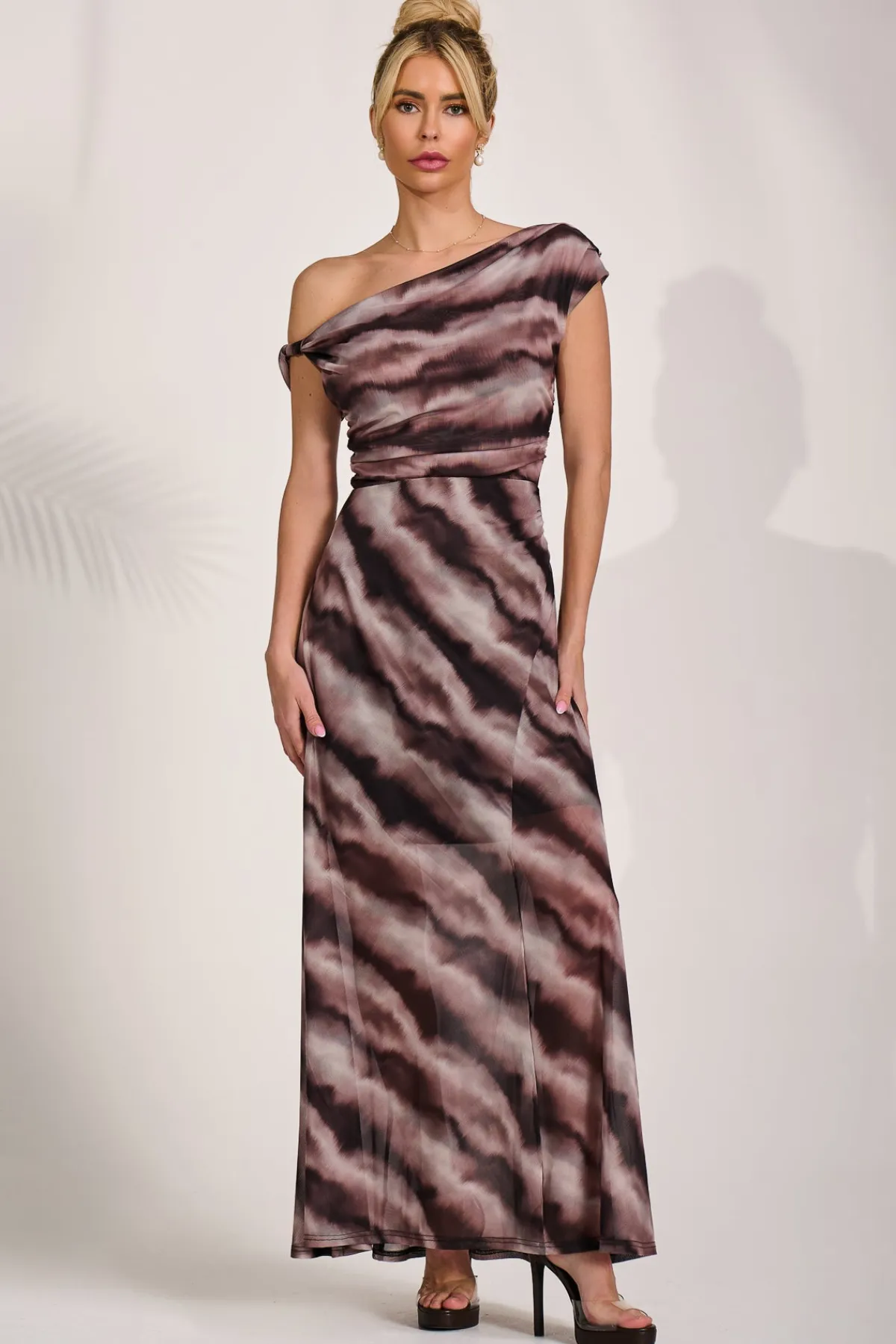 Jolie Moi Occasion Dresses|Mesh Dresses-Mesh Asymmetrical Off-Shoulder Maxi Dress, Black Abstract