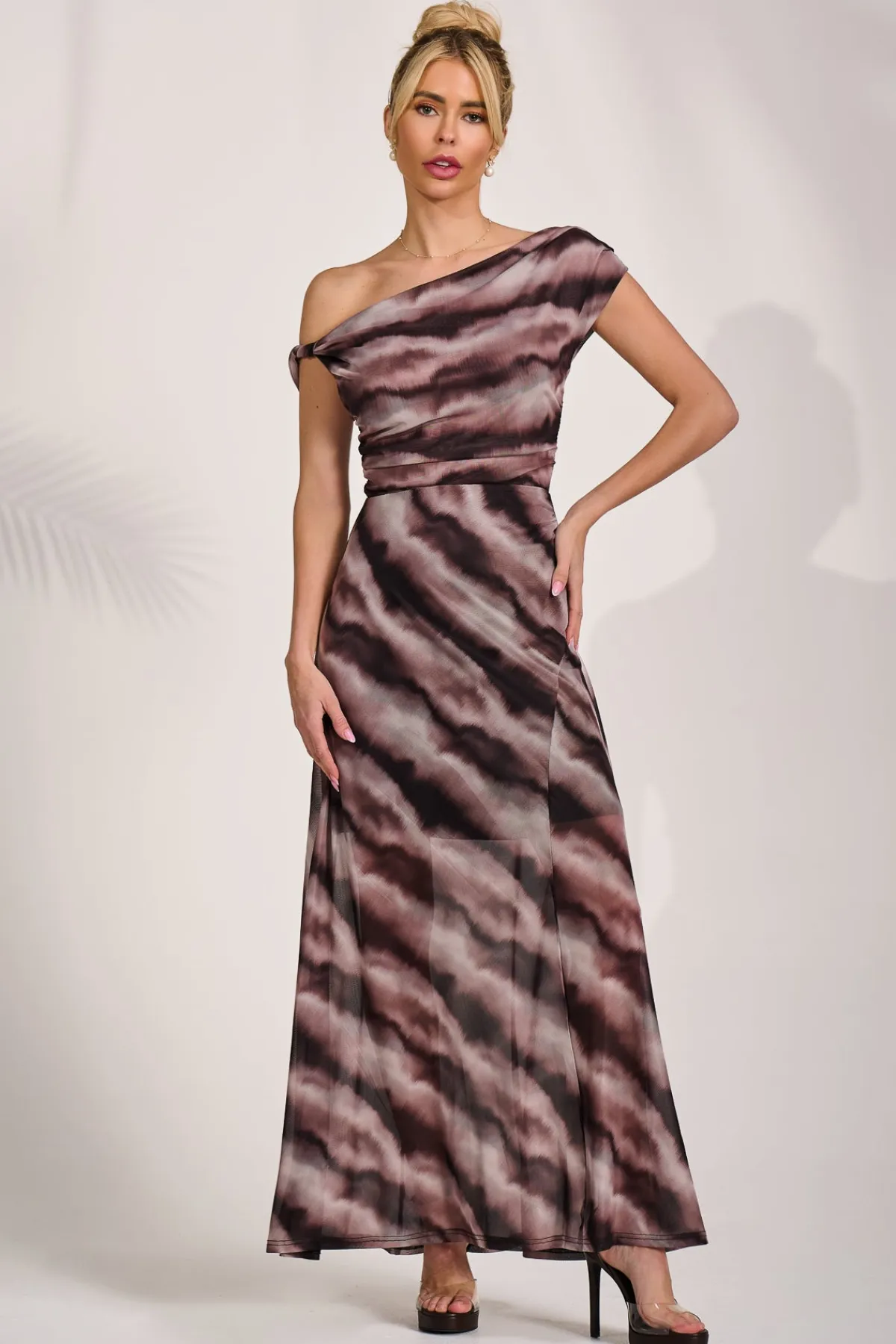 Jolie Moi Occasion Dresses|Mesh Dresses-Mesh Asymmetrical Off-Shoulder Maxi Dress, Black Abstract