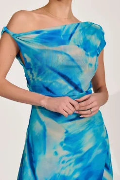 Jolie Moi Mesh Dresses|Maxi Dresses-Mesh Asymmetrical Off-Shoulder Maxi Dress, Blue Abstract