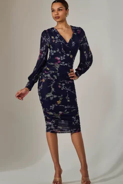 Jolie Moi Occasion Dresses|Floral Dresses-Mesh Bodycon Midi Dress, Navy Red Floral