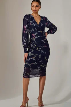 Jolie Moi Occasion Dresses|Floral Dresses-Mesh Bodycon Midi Dress, Navy Red Floral
