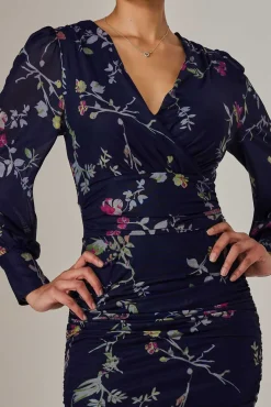 Jolie Moi Occasion Dresses|Floral Dresses-Mesh Bodycon Midi Dress, Navy Red Floral