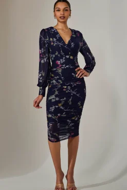 Jolie Moi Occasion Dresses|Floral Dresses-Mesh Bodycon Midi Dress, Navy Red Floral