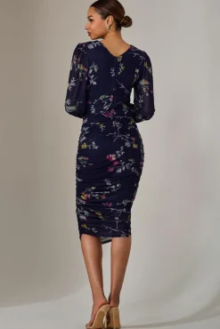 Jolie Moi Occasion Dresses|Floral Dresses-Mesh Bodycon Midi Dress, Navy Red Floral