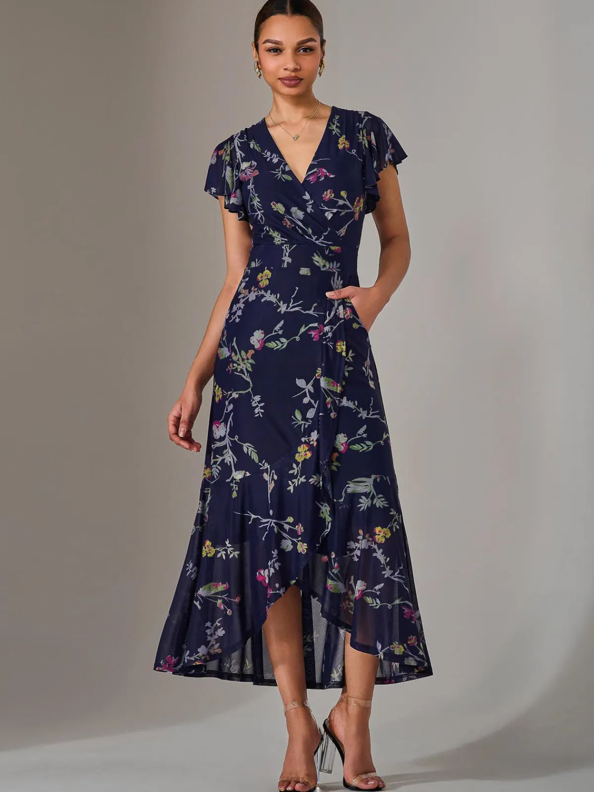 Jolie Moi Occasion Dresses|Floral Dresses-Mesh Frill Hem Maxi Dress, Navy Pink Multi