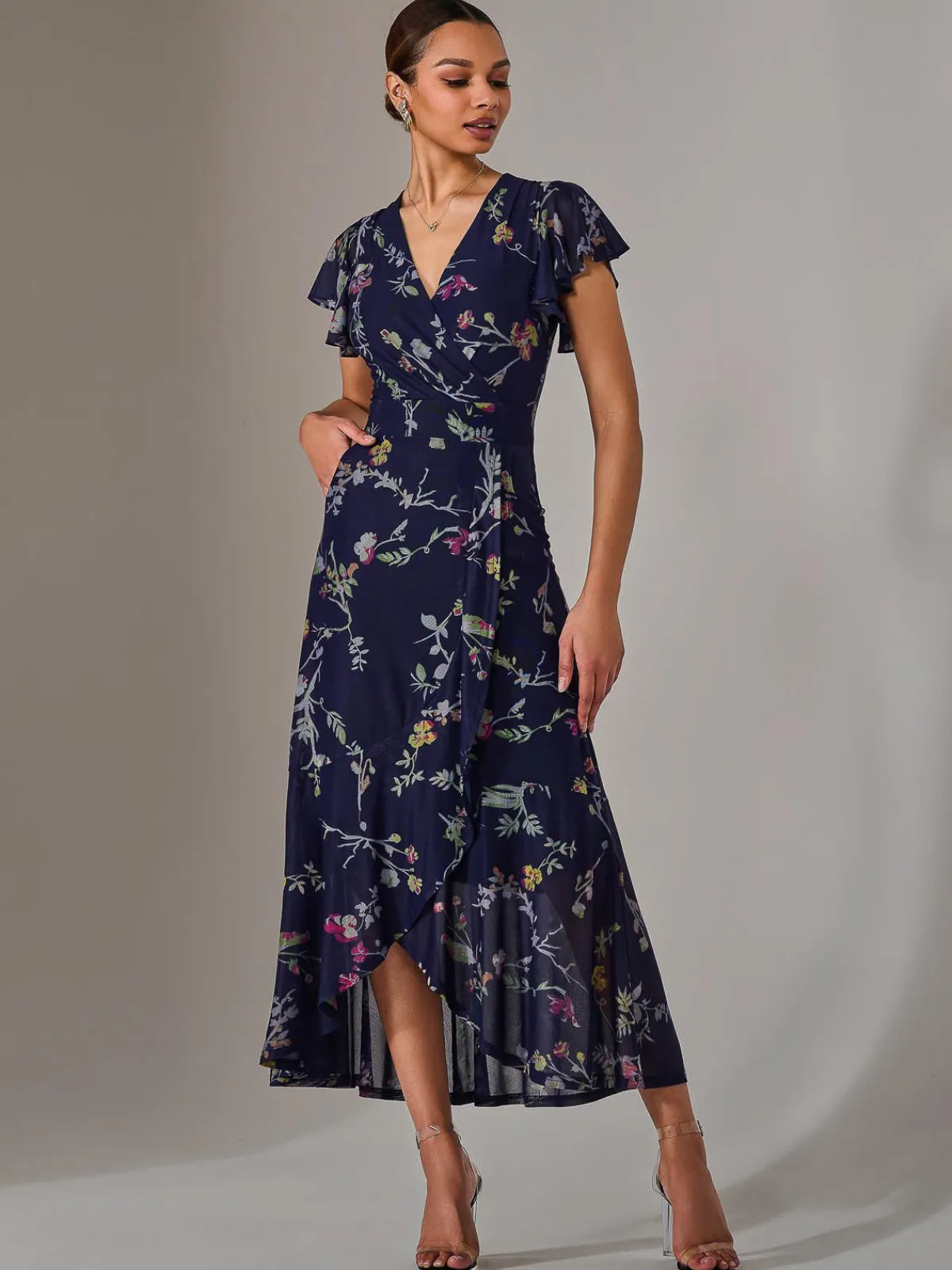 Jolie Moi Occasion Dresses|Floral Dresses-Mesh Frill Hem Maxi Dress, Navy Pink Multi