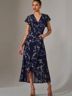 Jolie Moi Occasion Dresses|Floral Dresses-Mesh Frill Hem Maxi Dress, Navy Pink Multi
