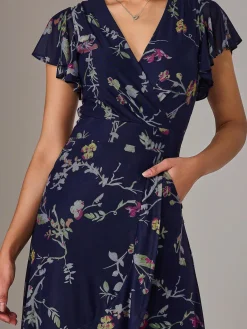 Jolie Moi Occasion Dresses|Floral Dresses-Mesh Frill Hem Maxi Dress, Navy Pink Multi