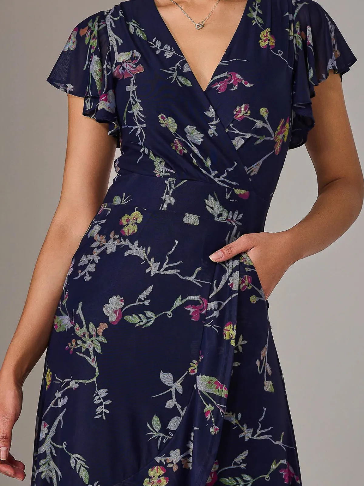 Jolie Moi Occasion Dresses|Floral Dresses-Mesh Frill Hem Maxi Dress, Navy Pink Multi