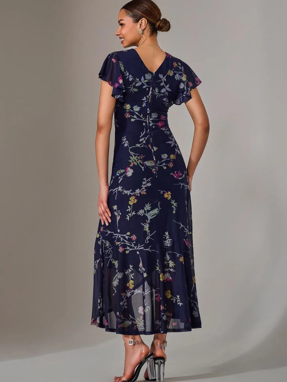 Jolie Moi Occasion Dresses|Floral Dresses-Mesh Frill Hem Maxi Dress, Navy Pink Multi