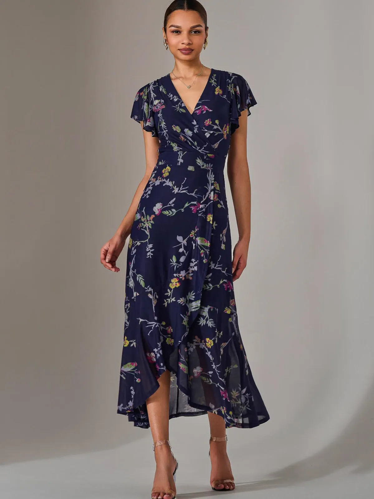 Jolie Moi Occasion Dresses|Floral Dresses-Mesh Frill Hem Maxi Dress, Navy Pink Multi