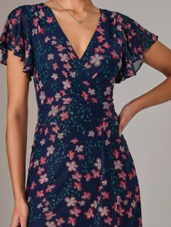 Jolie Moi Occasion Dresses|Floral Dresses-Mesh Frill Hem Maxi Dress, Navy Red Floral