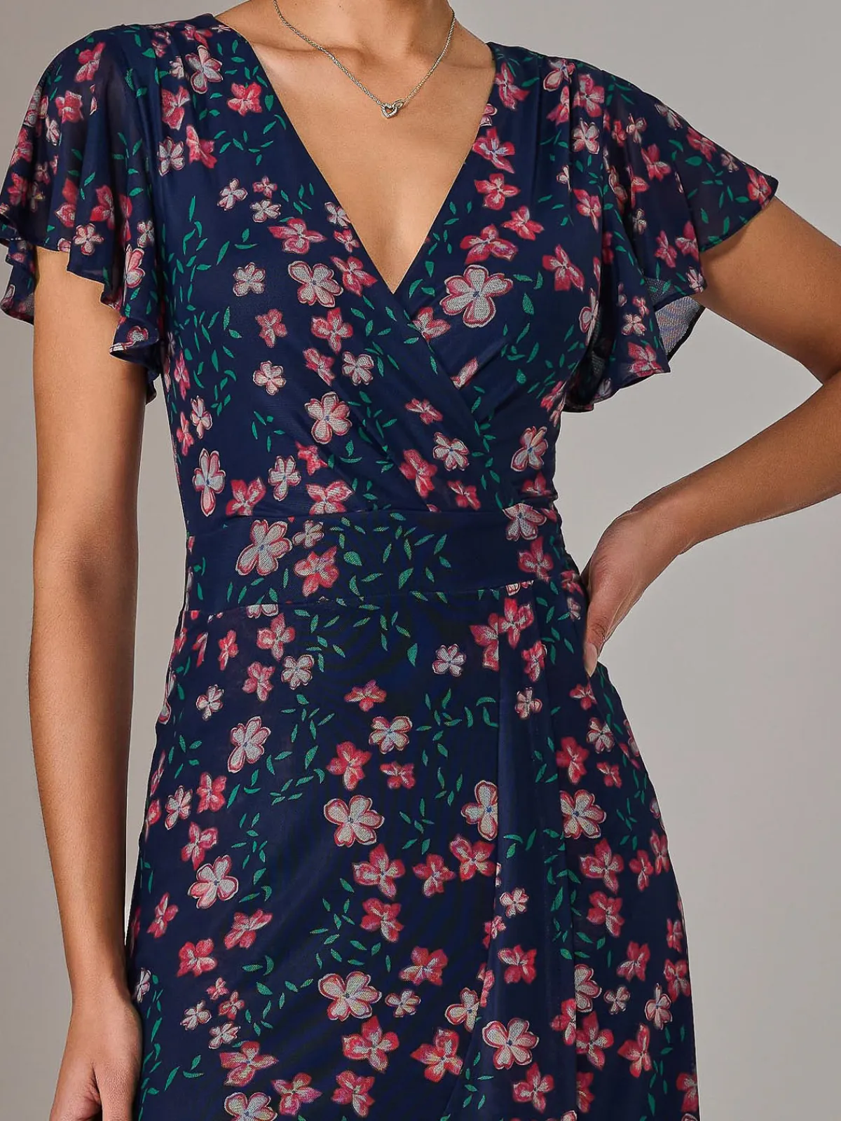 Jolie Moi Occasion Dresses|Floral Dresses-Mesh Frill Hem Maxi Dress, Navy Red Floral