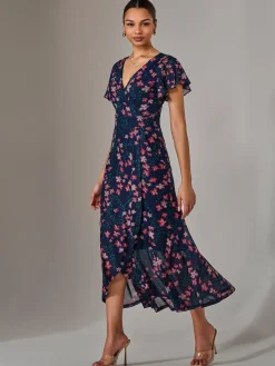 Jolie Moi Occasion Dresses|Floral Dresses-Mesh Frill Hem Maxi Dress, Navy Red Floral