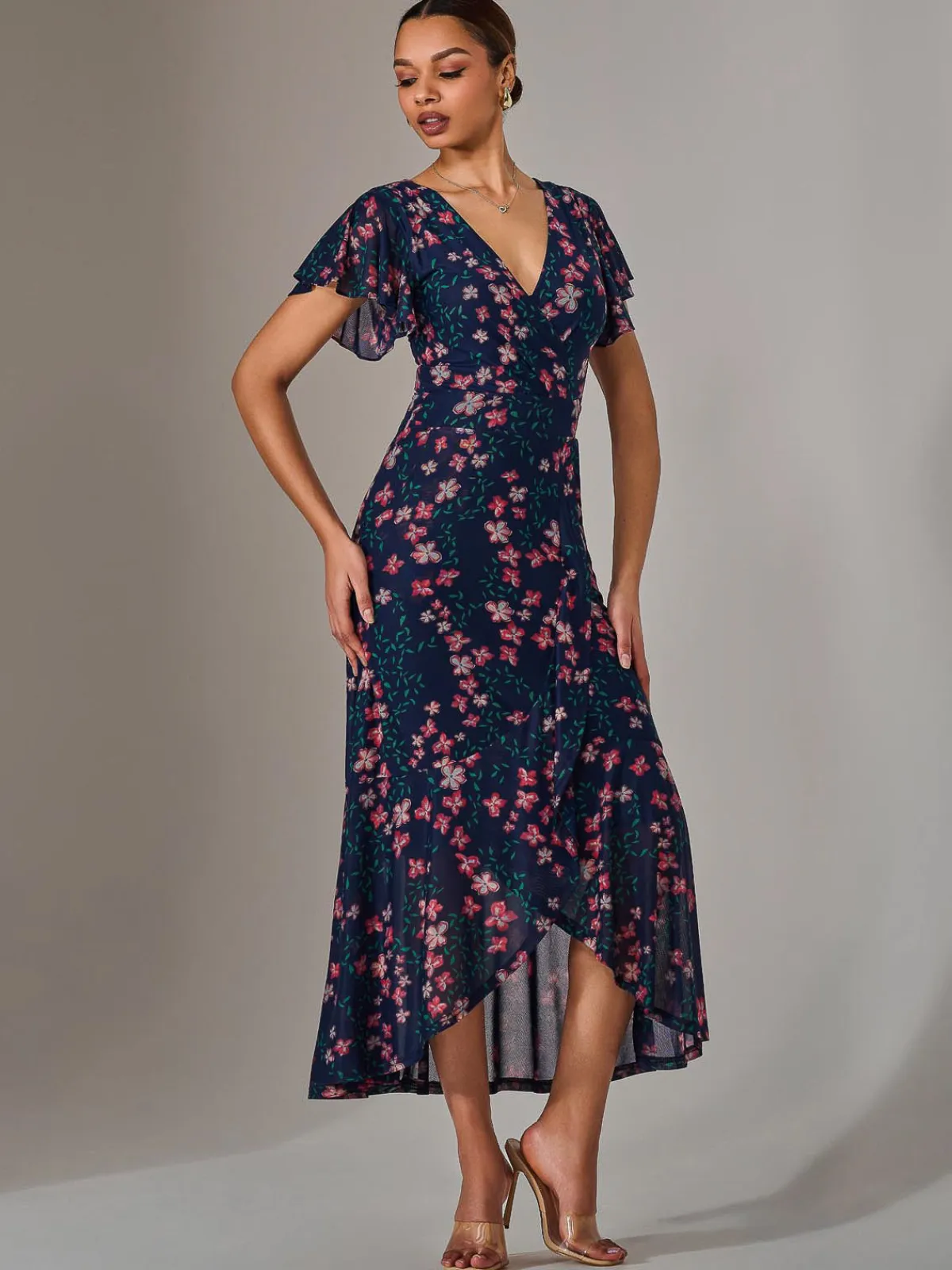 Jolie Moi Occasion Dresses|Floral Dresses-Mesh Frill Hem Maxi Dress, Navy Red Floral