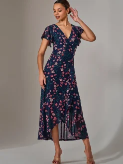 Jolie Moi Occasion Dresses|Floral Dresses-Mesh Frill Hem Maxi Dress, Navy Red Floral