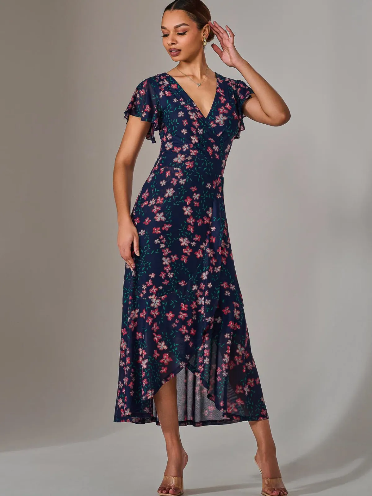 Jolie Moi Occasion Dresses|Floral Dresses-Mesh Frill Hem Maxi Dress, Navy Red Floral
