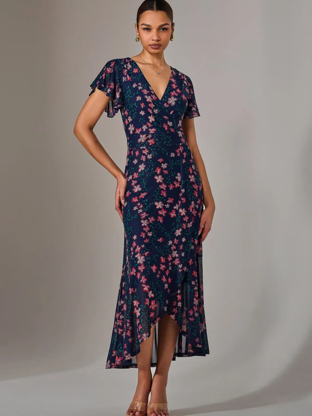 Jolie Moi Occasion Dresses|Floral Dresses-Mesh Frill Hem Maxi Dress, Navy Red Floral