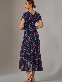 Jolie Moi Occasion Dresses|Floral Dresses-Mesh Frill Hem Maxi Dress, Navy Red Floral