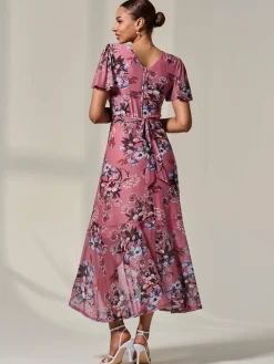 Jolie Moi Occasion Dresses|Floral Dresses-Mesh Frill Hem Maxi Dress, Pink Floral