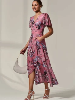 Jolie Moi Occasion Dresses|Floral Dresses-Mesh Frill Hem Maxi Dress, Pink Floral