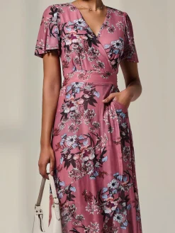 Jolie Moi Occasion Dresses|Floral Dresses-Mesh Frill Hem Maxi Dress, Pink Floral