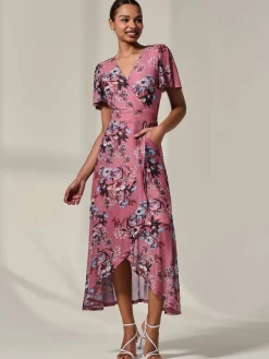 Jolie Moi Occasion Dresses|Floral Dresses-Mesh Frill Hem Maxi Dress, Pink Floral
