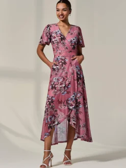 Jolie Moi Occasion Dresses|Floral Dresses-Mesh Frill Hem Maxi Dress, Pink Floral