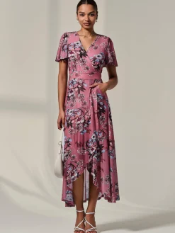 Jolie Moi Occasion Dresses|Floral Dresses-Mesh Frill Hem Maxi Dress, Pink Floral
