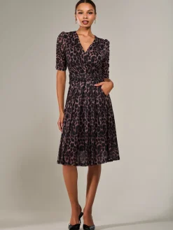 Jolie Moi Occasion Dresses|Mesh Dresses-Mesh Half Sleeve Midaxi Dress, Brown Leopard