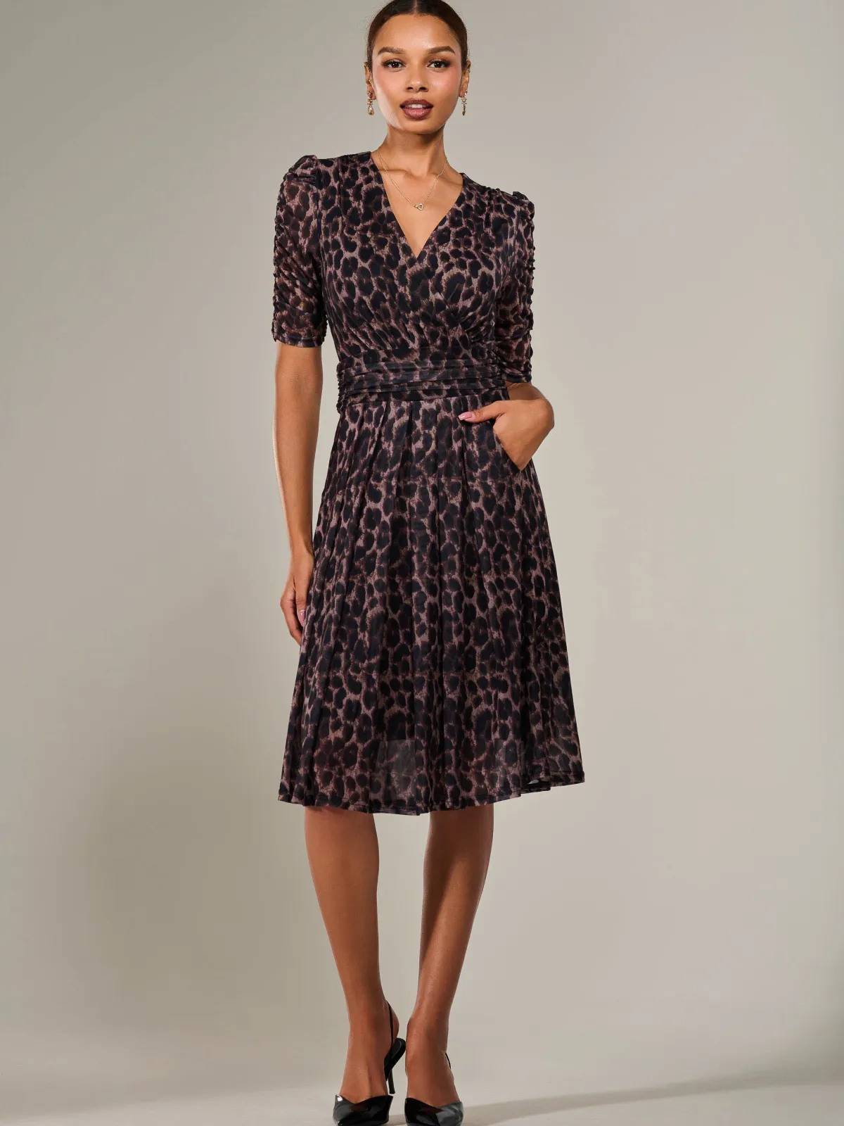 Jolie Moi Occasion Dresses|Mesh Dresses-Mesh Half Sleeve Midaxi Dress, Brown Leopard