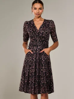 Jolie Moi Occasion Dresses|Mesh Dresses-Mesh Half Sleeve Midaxi Dress, Brown Leopard
