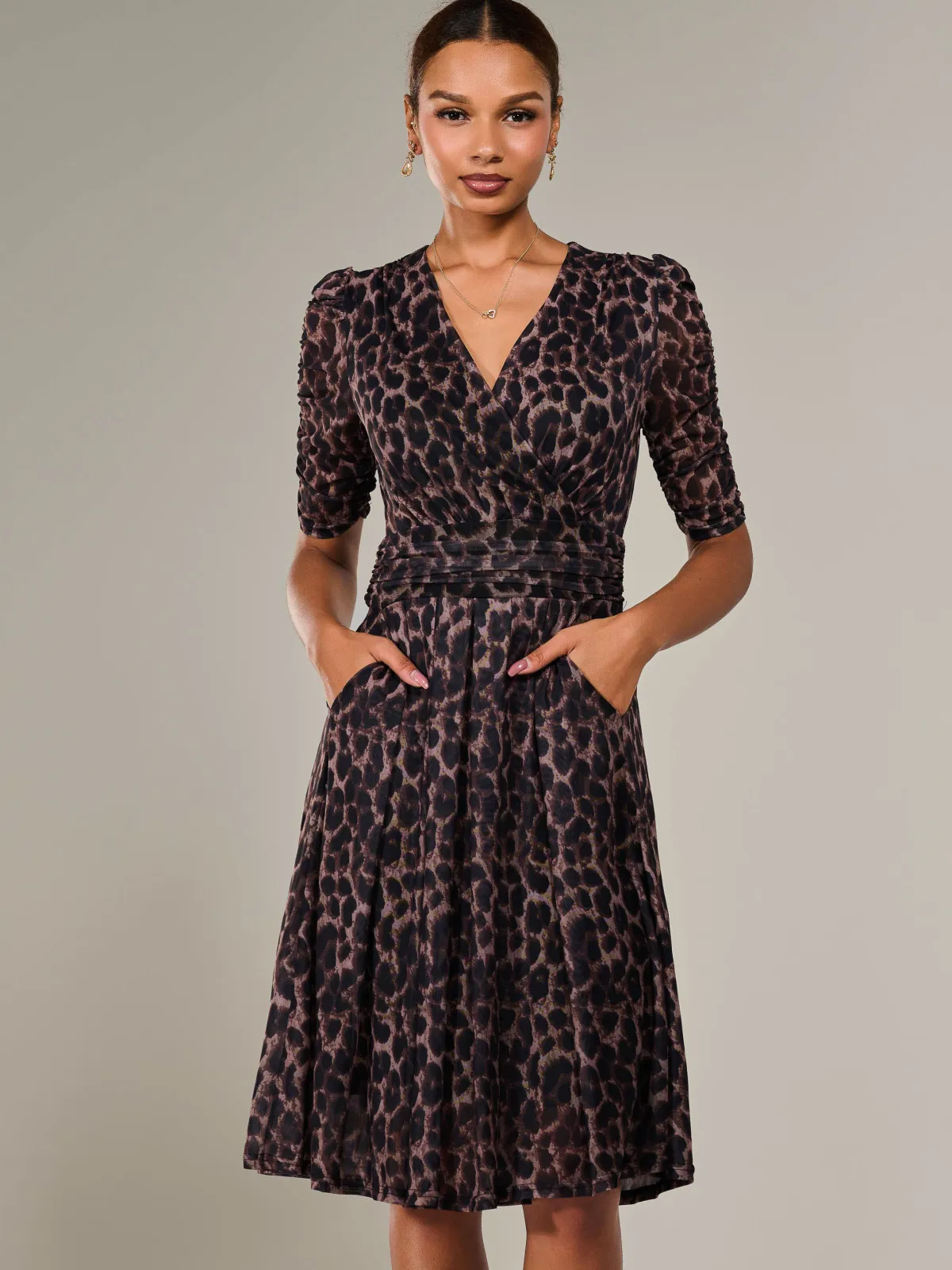 Jolie Moi Occasion Dresses|Mesh Dresses-Mesh Half Sleeve Midaxi Dress, Brown Leopard