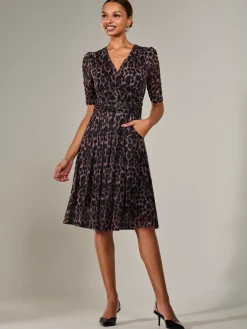 Jolie Moi Occasion Dresses|Mesh Dresses-Mesh Half Sleeve Midaxi Dress, Brown Leopard