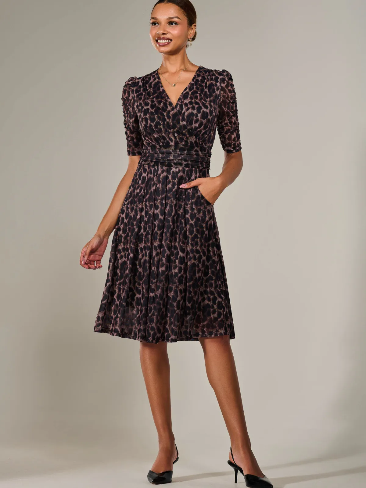Jolie Moi Occasion Dresses|Mesh Dresses-Mesh Half Sleeve Midaxi Dress, Brown Leopard