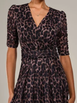 Jolie Moi Occasion Dresses|Mesh Dresses-Mesh Half Sleeve Midaxi Dress, Brown Leopard