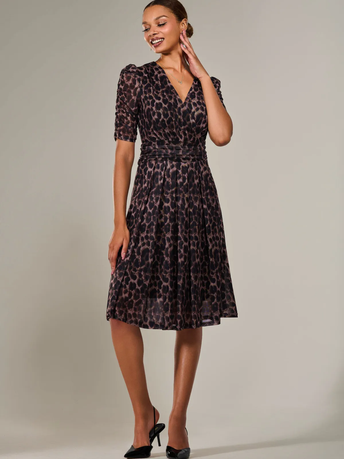 Jolie Moi Occasion Dresses|Mesh Dresses-Mesh Half Sleeve Midaxi Dress, Brown Leopard