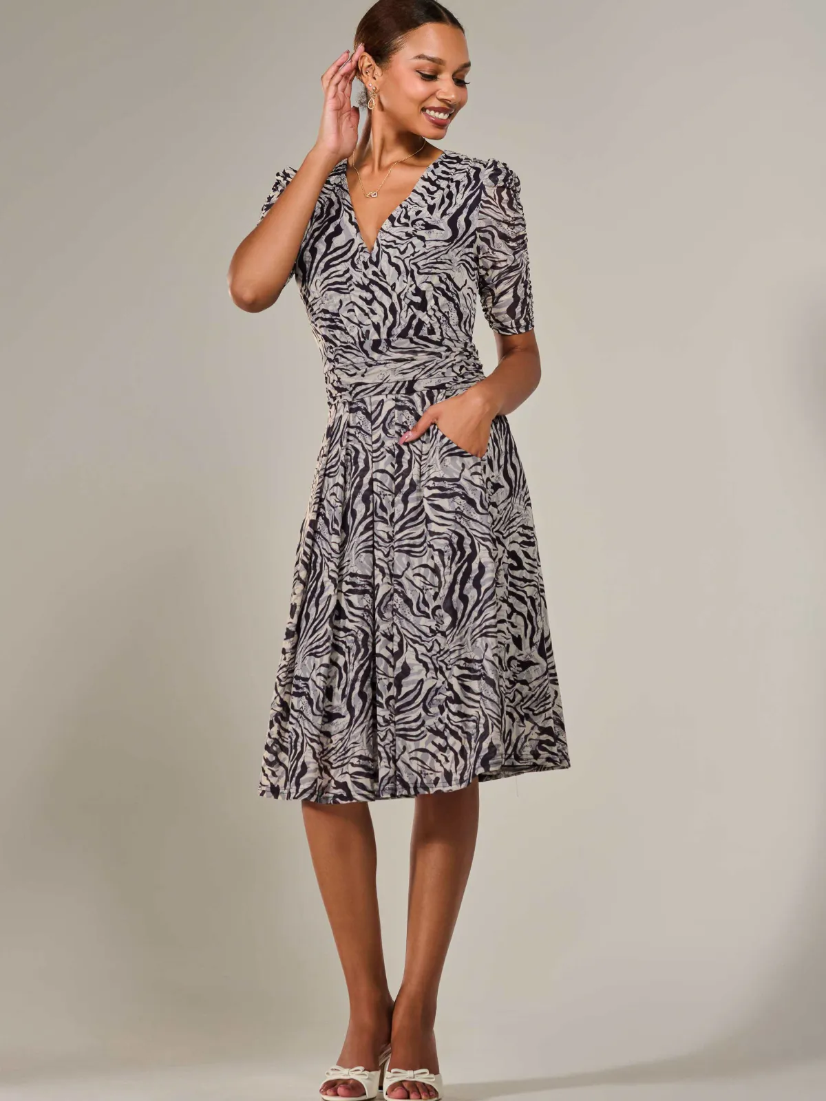 Jolie Moi Occasion Dresses|Office Dresses-Mesh Half Sleeve Midaxi Dress, Neutral Animal