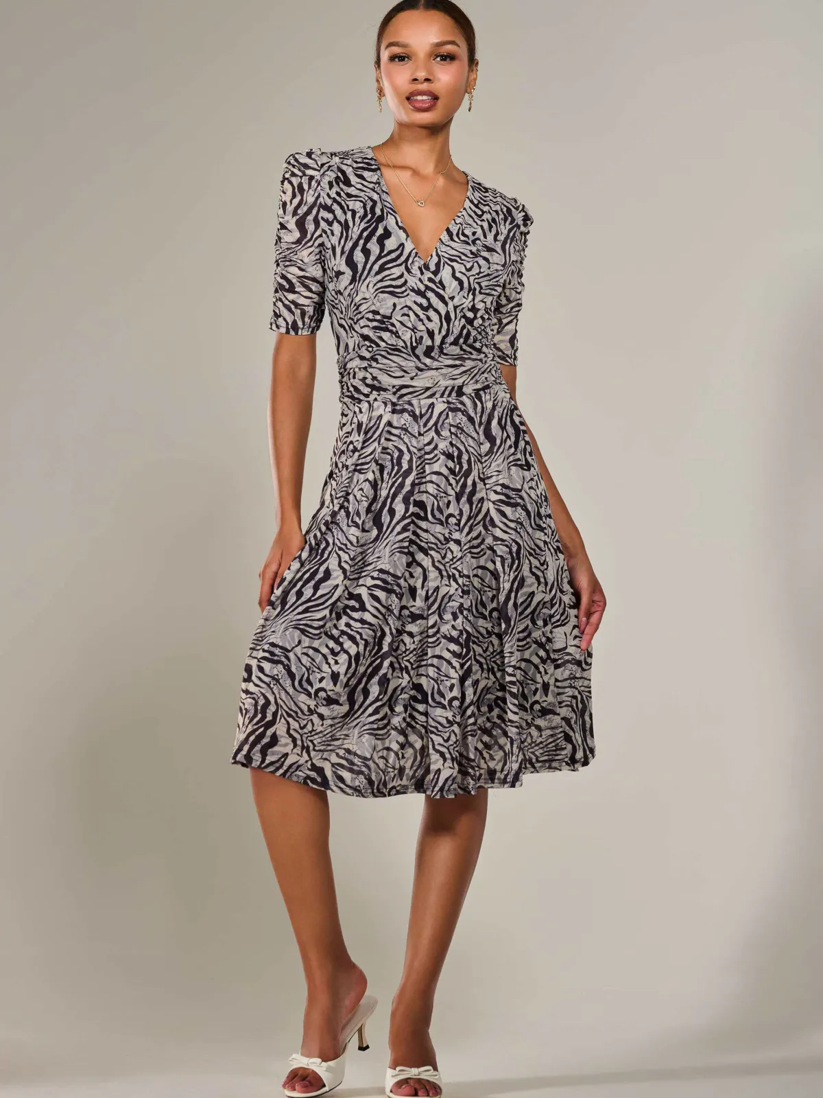 Jolie Moi Occasion Dresses|Office Dresses-Mesh Half Sleeve Midaxi Dress, Neutral Animal