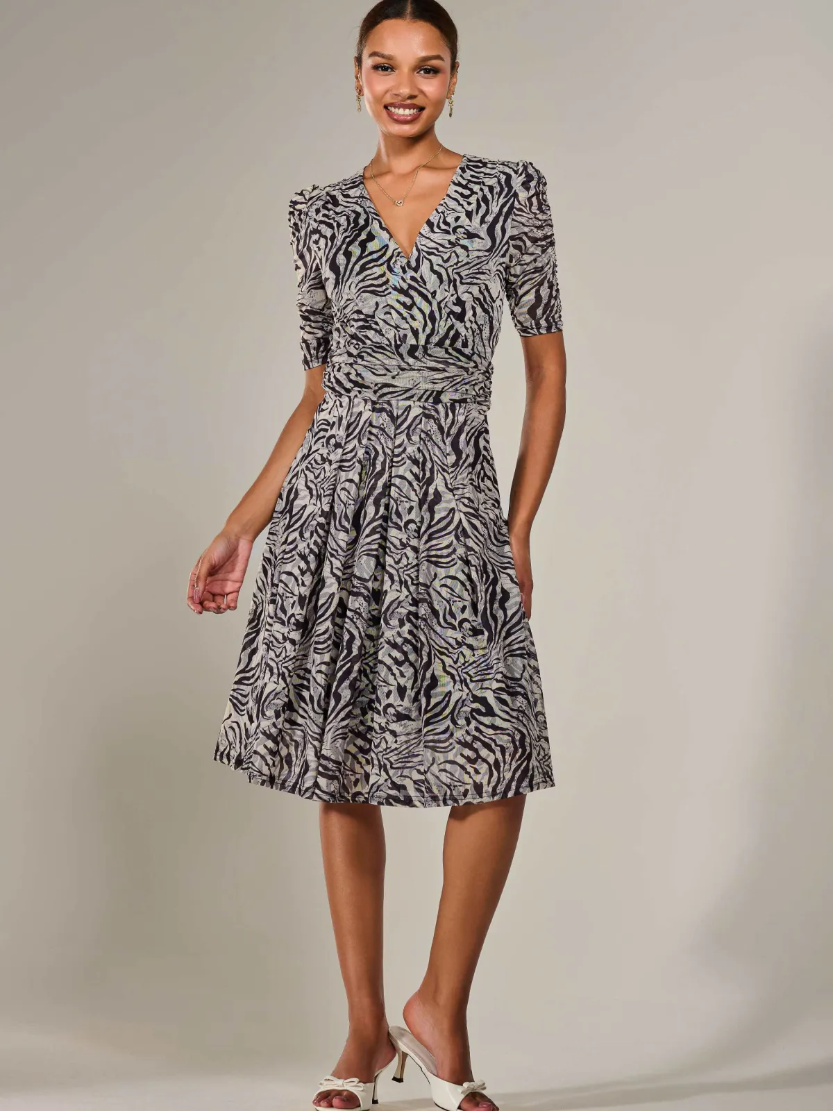 Jolie Moi Occasion Dresses|Office Dresses-Mesh Half Sleeve Midaxi Dress, Neutral Animal
