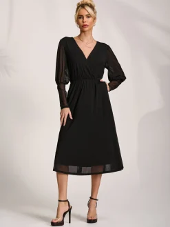 Jolie Moi Occasion Dresses|Mesh Dresses-Mesh Long Puff Sleeve Wrap Midi Dress, Black