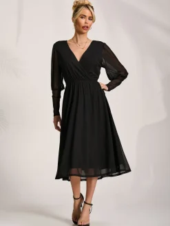Jolie Moi Occasion Dresses|Mesh Dresses-Mesh Long Puff Sleeve Wrap Midi Dress, Black