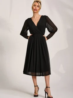 Jolie Moi Occasion Dresses|Mesh Dresses-Mesh Long Puff Sleeve Wrap Midi Dress, Black