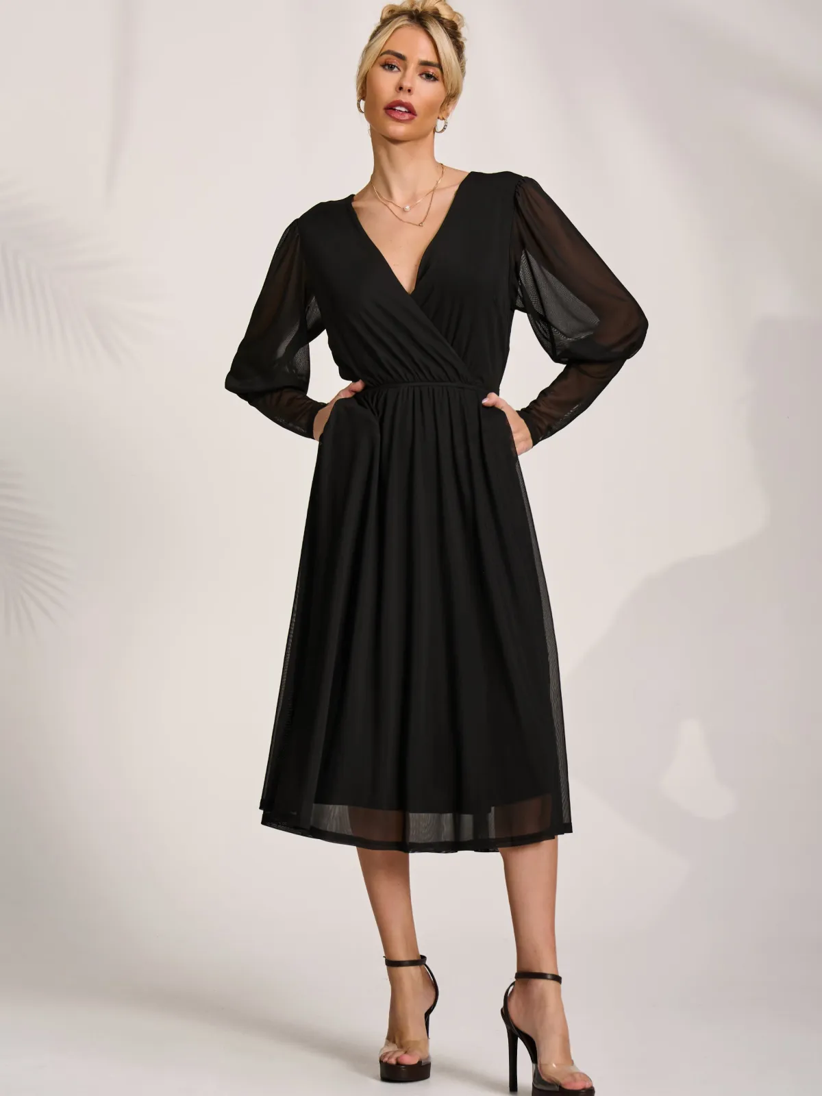 Jolie Moi Occasion Dresses|Mesh Dresses-Mesh Long Puff Sleeve Wrap Midi Dress, Black