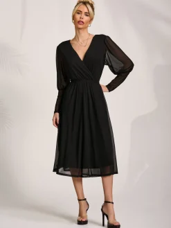 Jolie Moi Occasion Dresses|Mesh Dresses-Mesh Long Puff Sleeve Wrap Midi Dress, Black