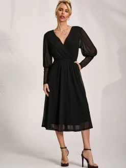Jolie Moi Occasion Dresses|Mesh Dresses-Mesh Long Puff Sleeve Wrap Midi Dress, Black