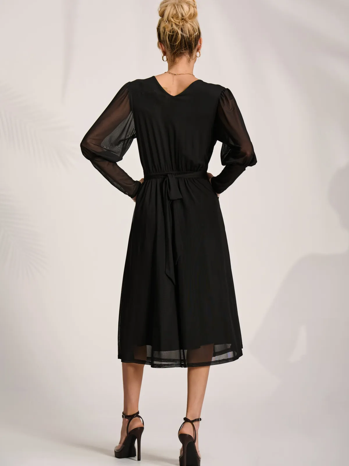Jolie Moi Occasion Dresses|Mesh Dresses-Mesh Long Puff Sleeve Wrap Midi Dress, Black